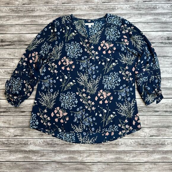 Westport 1962 Women's Floral Button Blouse XL Extra Large Navy Blue Pink Green - Picture 3 of 15